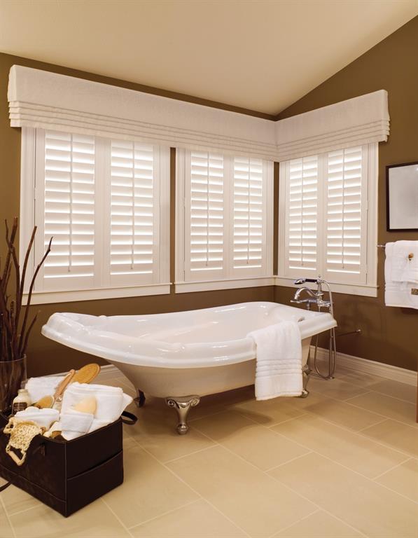 Bathroom Window Treatments Sunburst Shutters Boston White Plantation Shutters Give A Crisp Look To Brown Bathroom