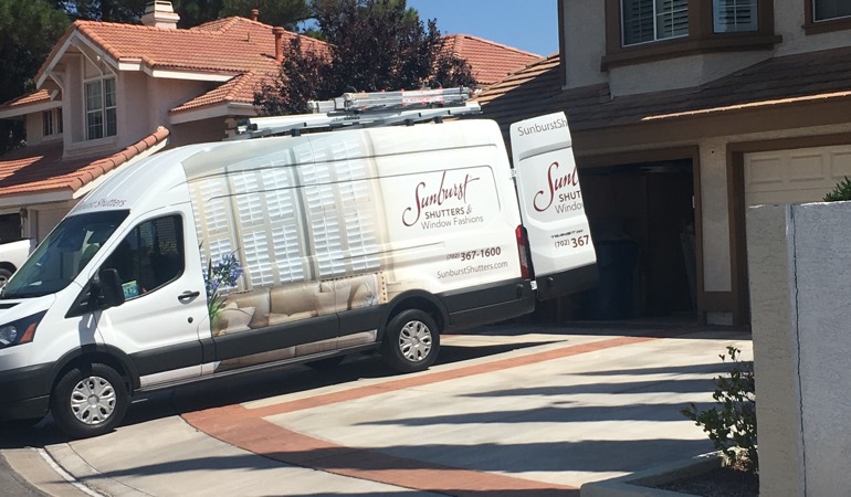 With an in-home consultation, we take the showroom to your room. Alt text: Sunburst Shutters van at customer's home.